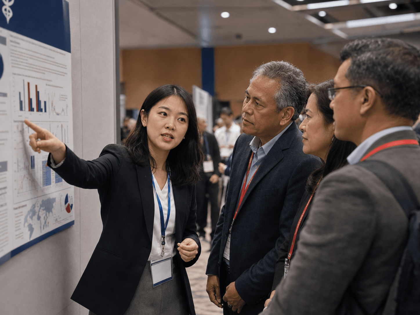 APMA medical scientists reviewing research during a poster session