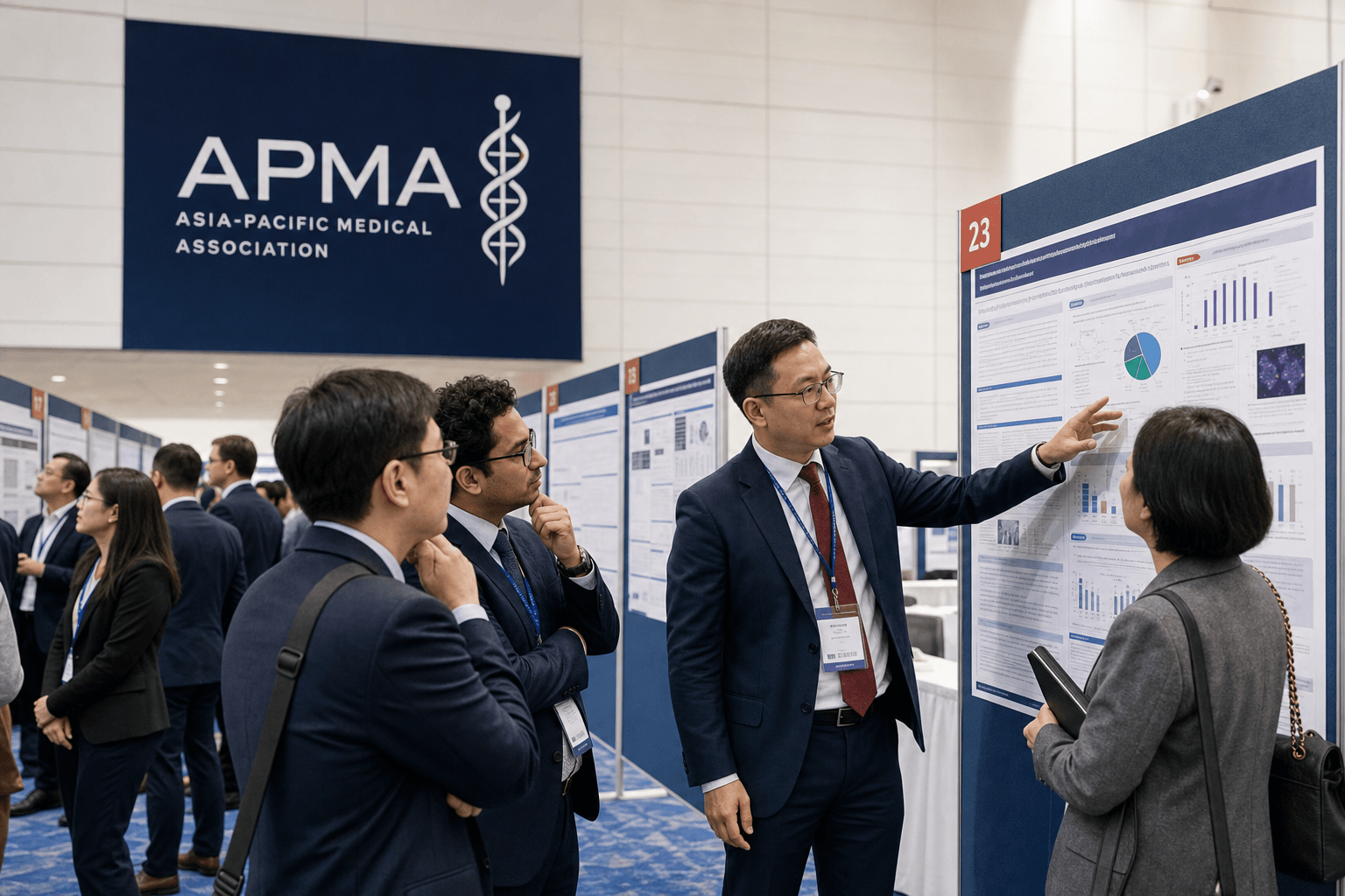 APMA delegates exchanging perspectives during an international scientific poster session
