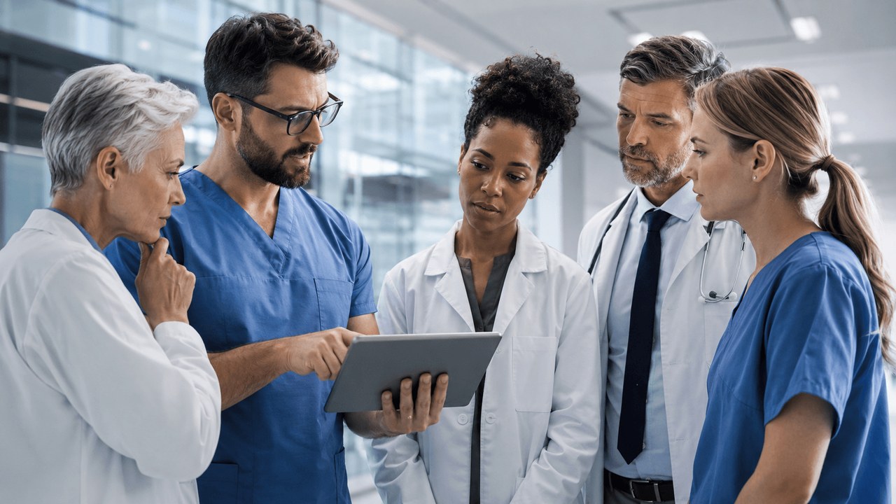 Epidemiology Committee visual showing health professionals reviewing shared data